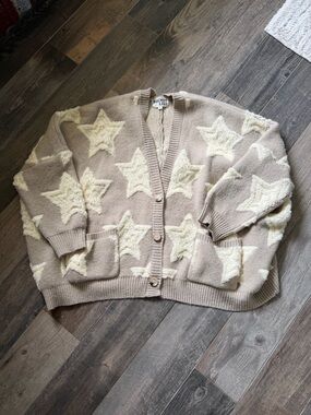 BUCKETLIST Taupe Cardigan with Cream Star Motif